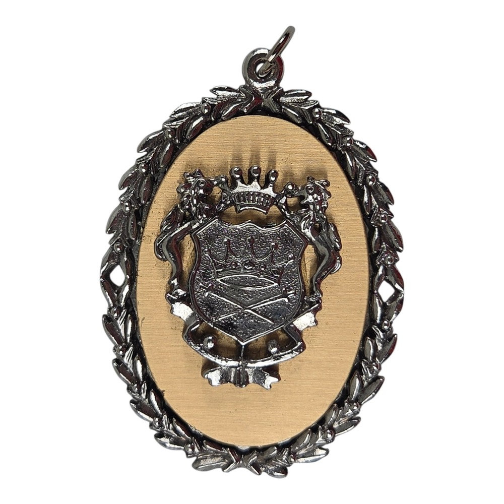 Vintage Heraldic Crest‎ Oval Pendant Gold Silver Tone Crown Lion Laurel Mirror
